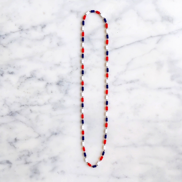 Red/White/Navy Blue Plastic Rectangle Shape Chained Necklace. - Picture 1 of 2
